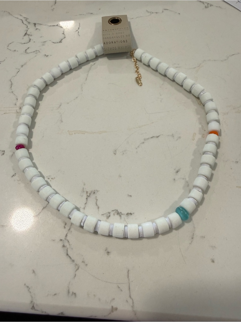 Anthropologie White Bead Necklace with Teal, Pink & Orange Accents